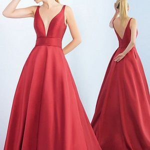 Mac Duggal Red Wine Plunging V-Neck Ball Gown